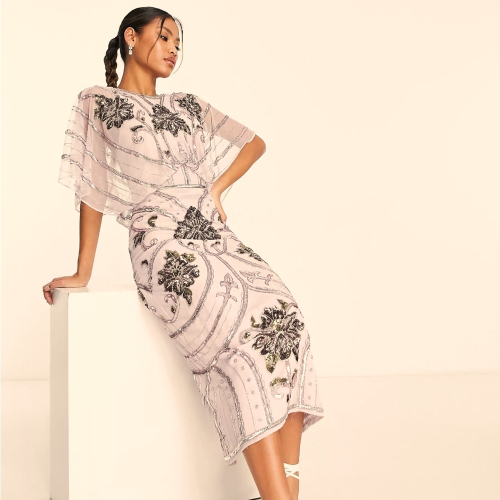 ASOS Designs Blouson midi dress with art nouveau embellishment in lilac